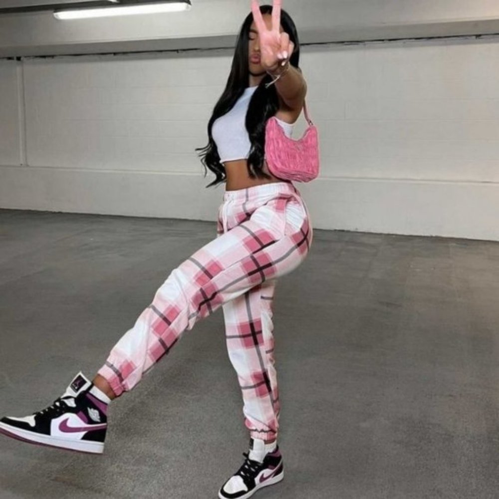 Pink Plaid Check High Waist Loose Fit Joggers Jogger Pants - Picture 2 of 12